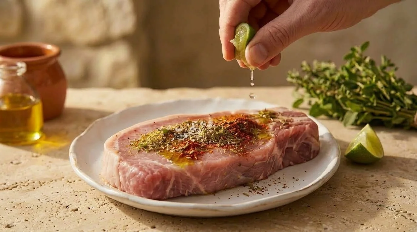 Mediterranean Diet Pork and Barley Bowl - Step 1: Coat pork steak with EVOO, chili powder, cumin, oregano, lime juice, and salt & pepper; marinate 5 mins.
