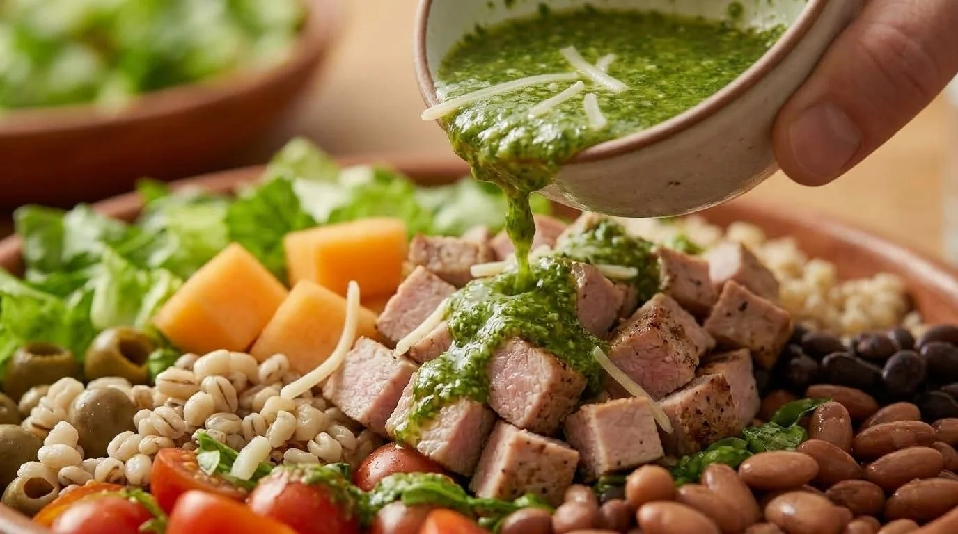 Mediterranean Diet Pork and Barley Bowl - Step 9: Drizzle dressing, toss gently, top with cheddar, and serve.