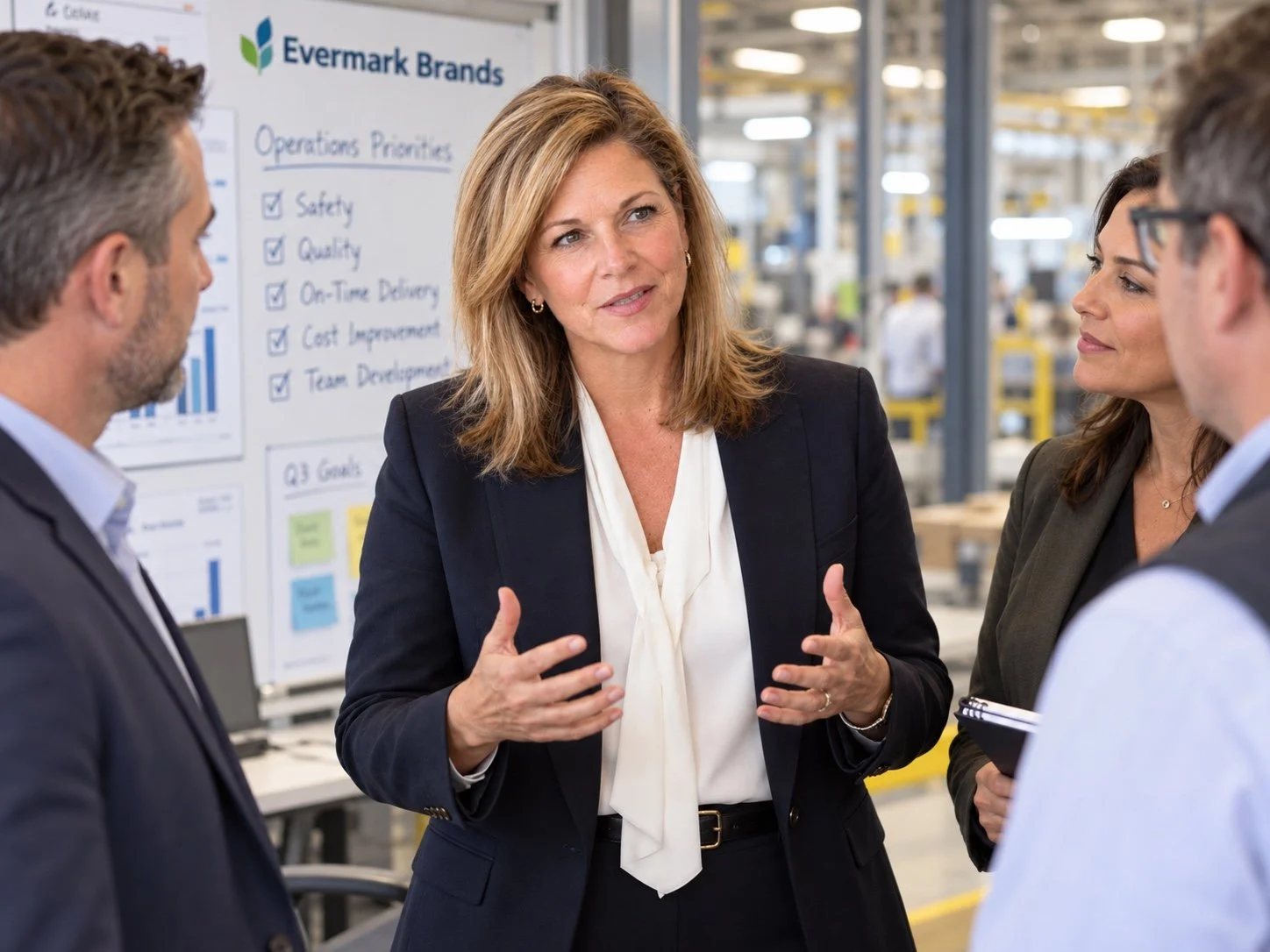 Karen Whitaker speaking with members of the Evermark Brands management team