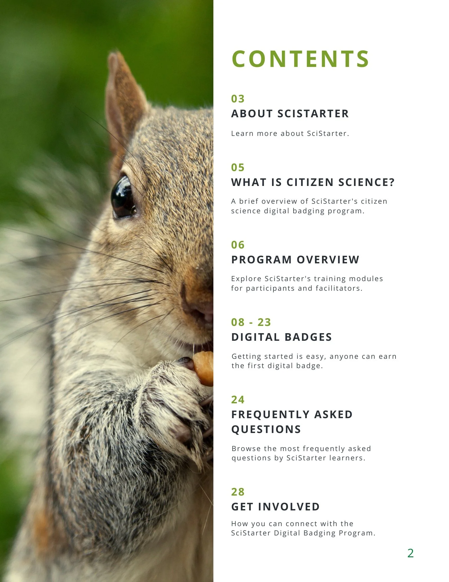 Table of contents from the SciStarter Digital Badging Program Overview