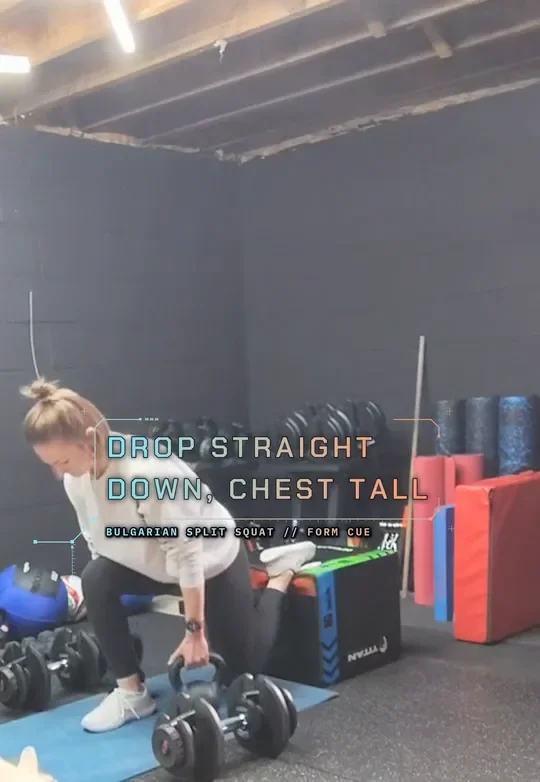 Coach Tabitha in a Bulgarian split squat with her rear foot on a plyo box, holding kettlebells, bottom: back knee drops