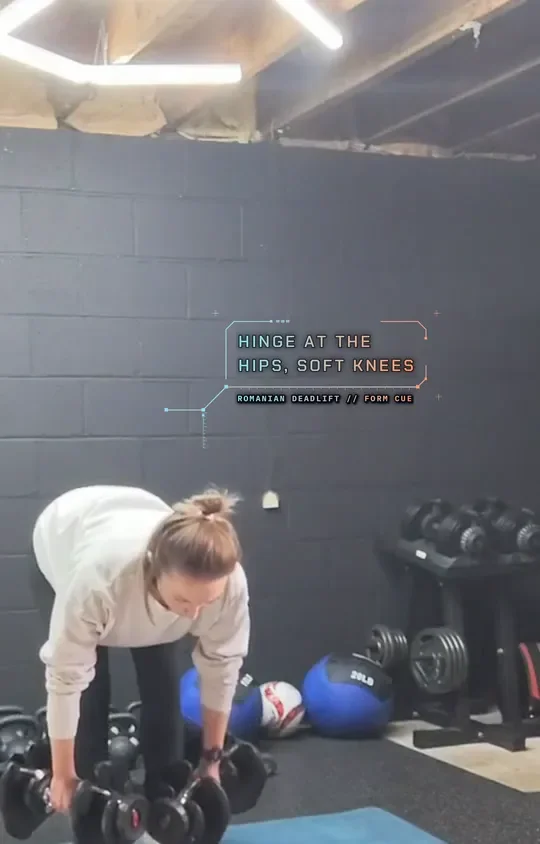 Coach Tabitha holding two dumbbells at the top of a Romanian deadlift, bottom: hamstring stretch