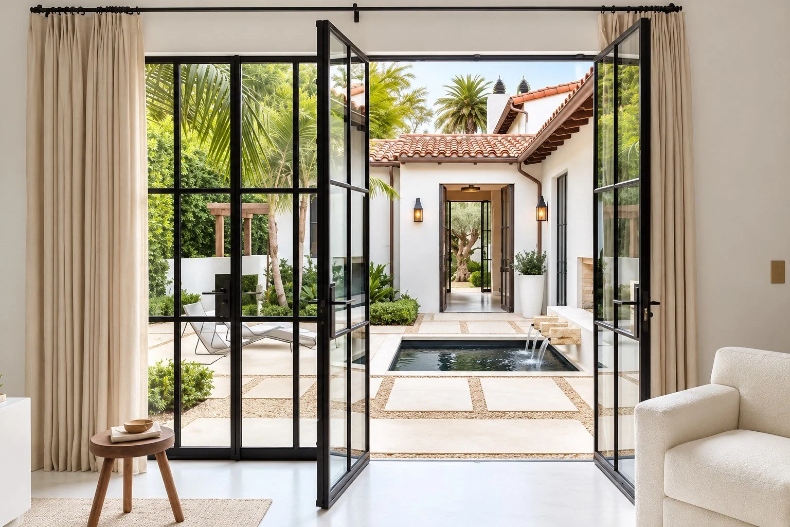 Open glass doors to a garden courtyard