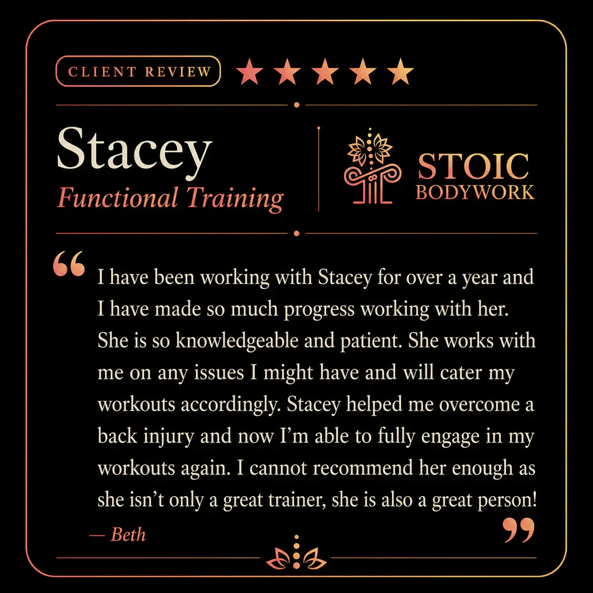 Five-star functional fitness client review from Beth