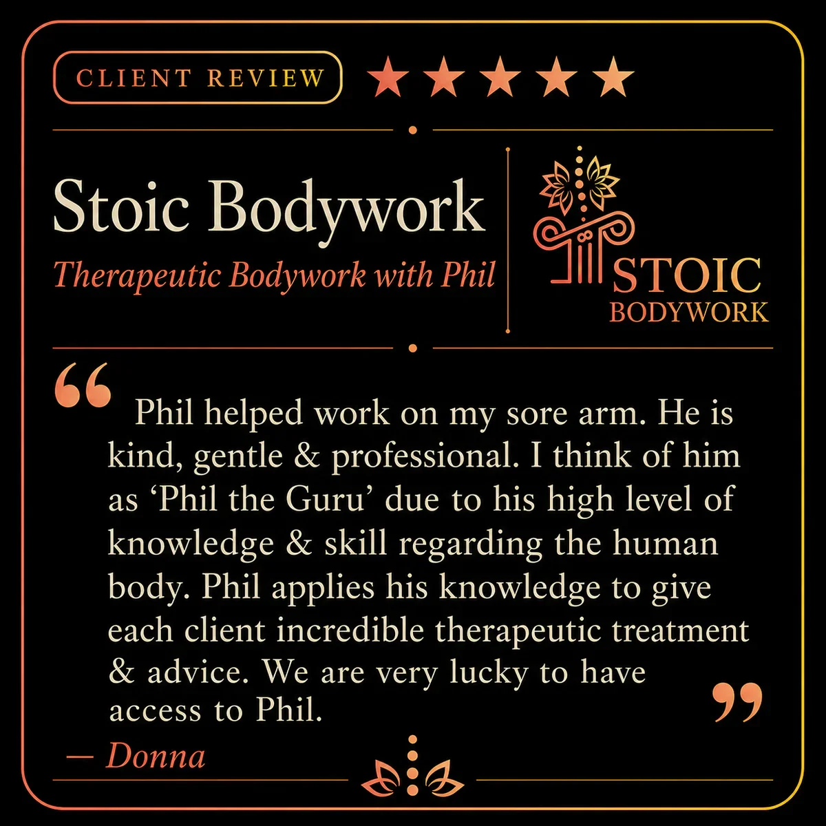 Five-star Stoic Bodywork client review from Donna