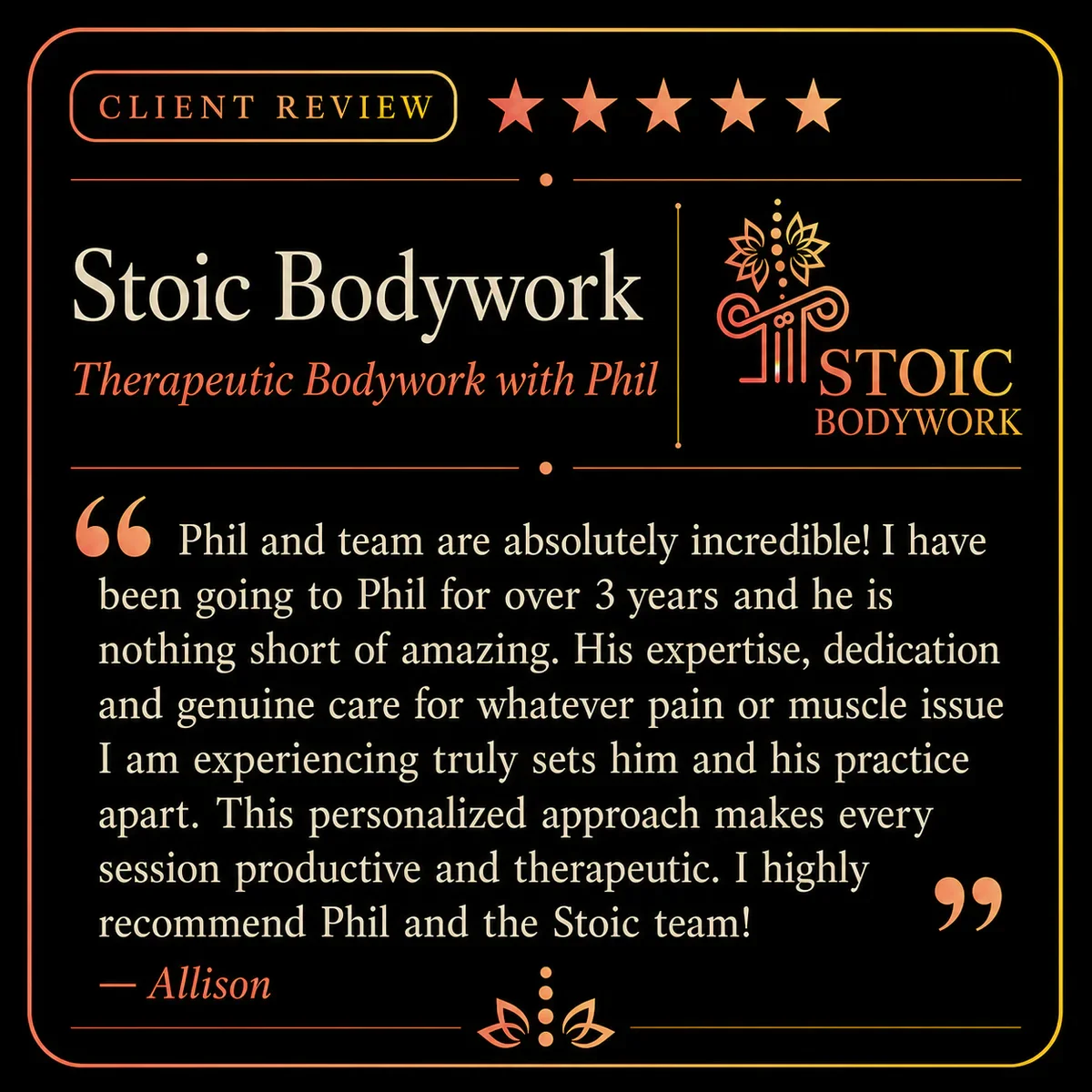 Five-star Stoic Bodywork client review from Allison