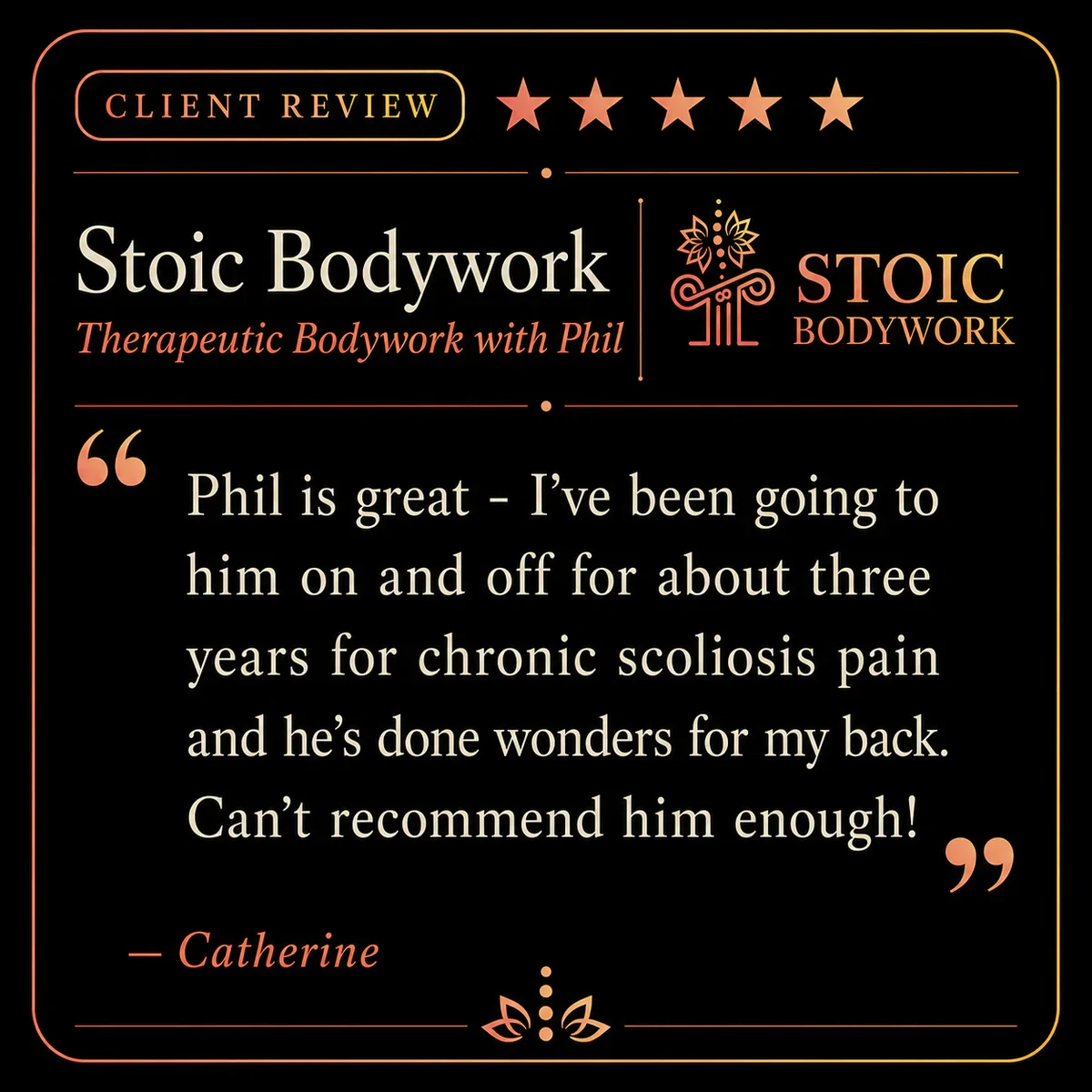 Five-star Stoic Bodywork client review from Catherine