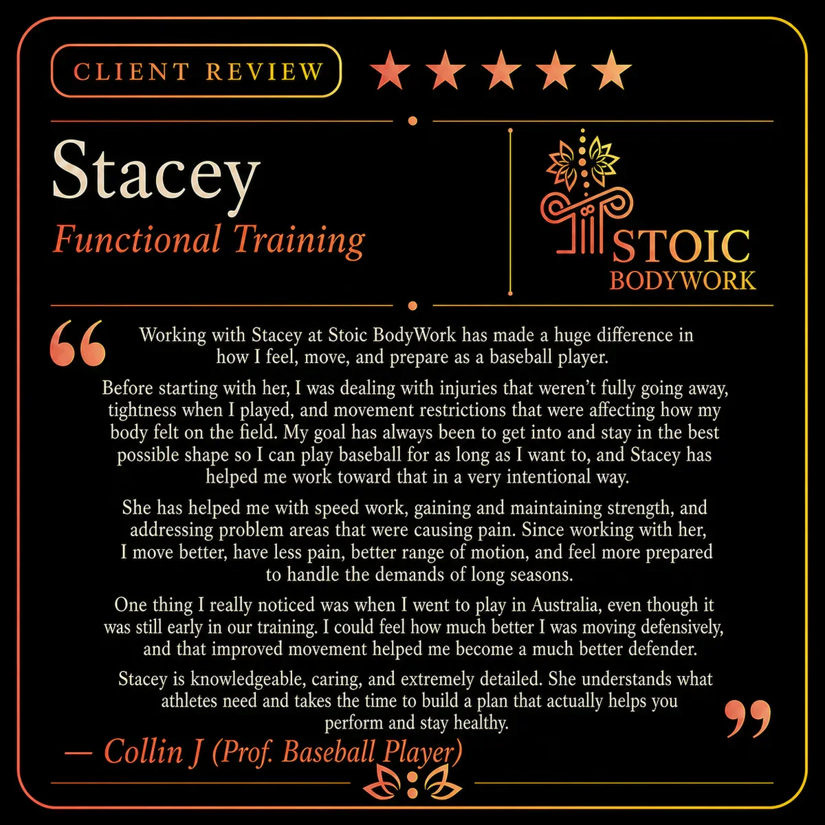 Five-star functional fitness client review from Collin