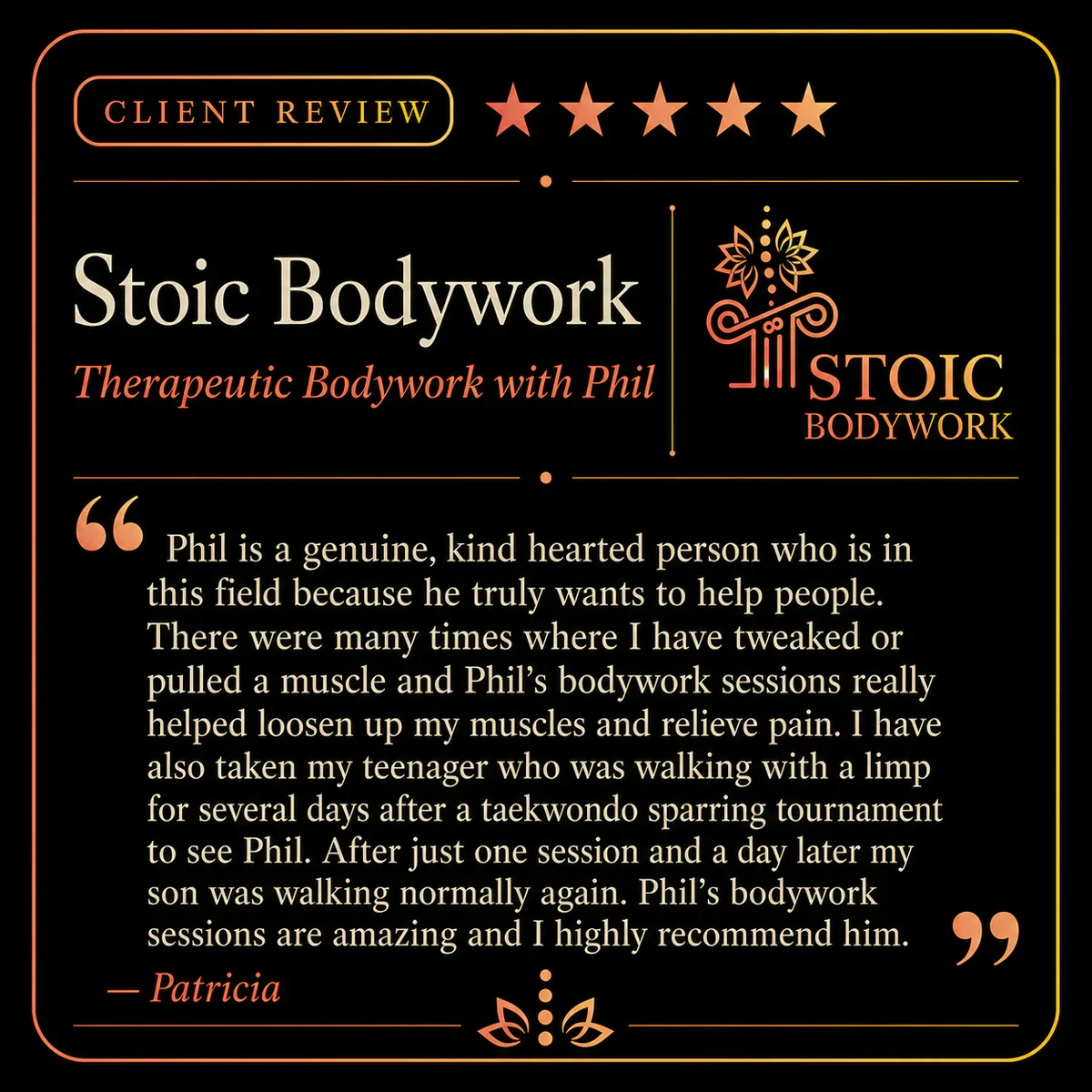 Five-star Stoic Bodywork client review from Patricia