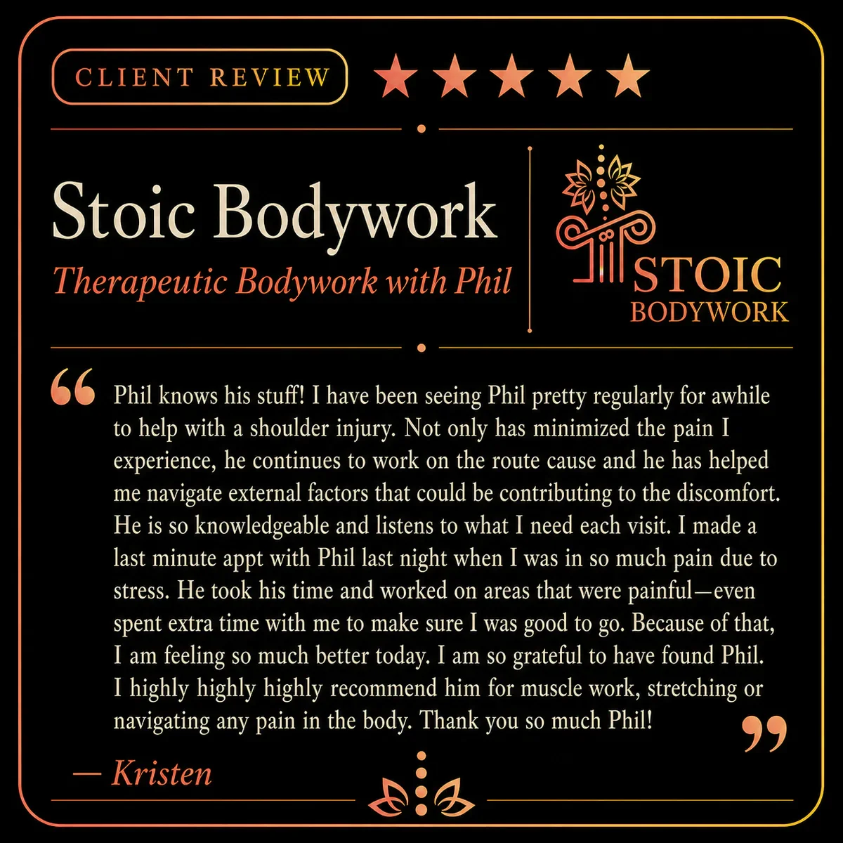 Five-star Stoic Bodywork client review from Kristen