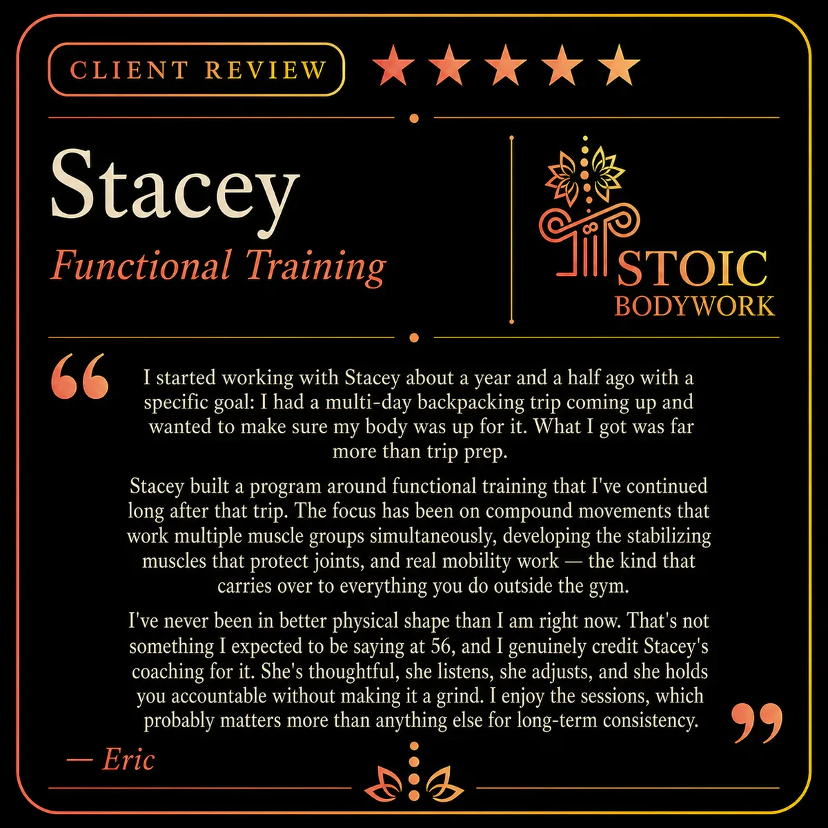 Five-star functional fitness client review from Eric