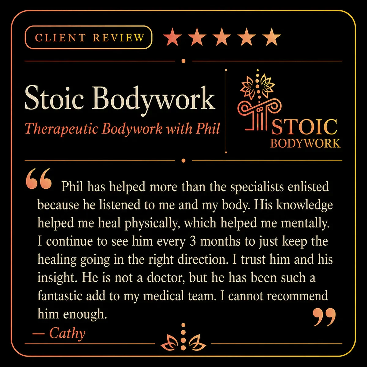 Five-star Stoic Bodywork client review from Cathy