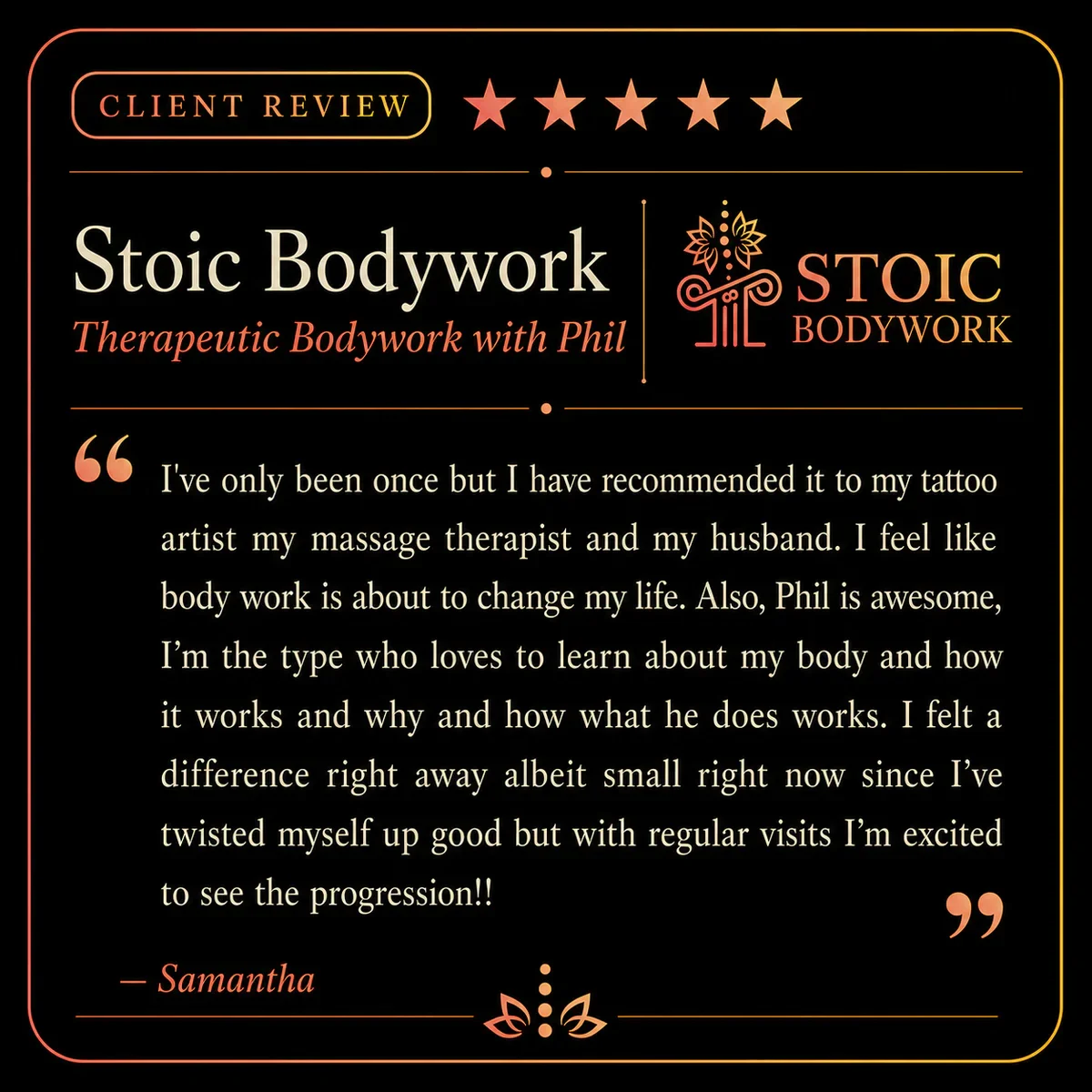 Five-star Stoic Bodywork client review from Sam