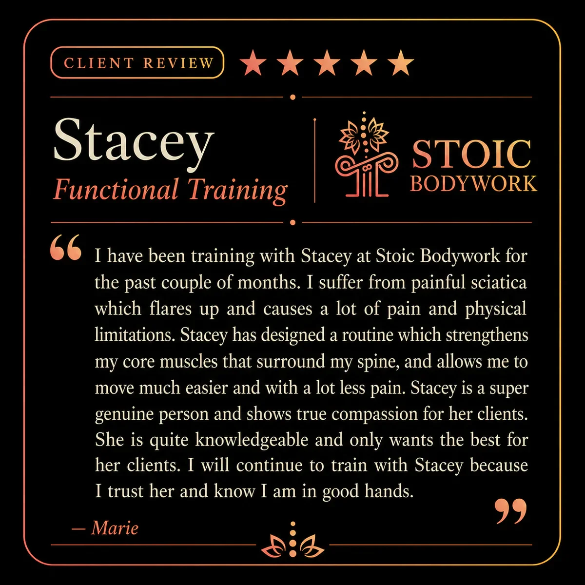 Five-star functional fitness client review from Marie
