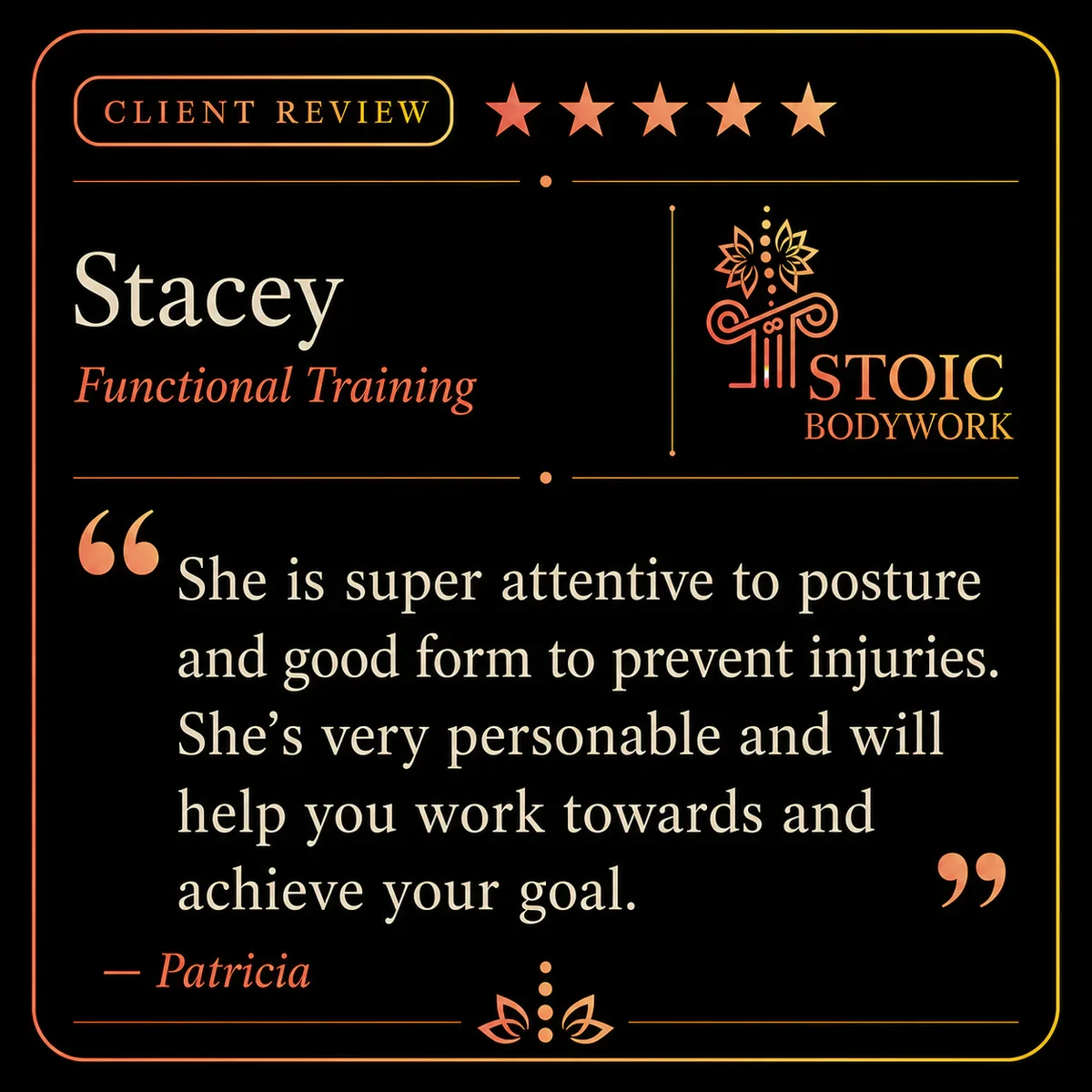 Five-star functional fitness client review from Patricia