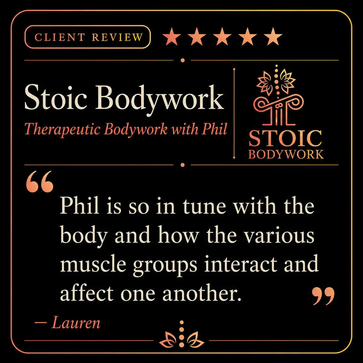 Five-star Stoic Bodywork client review from Lauren