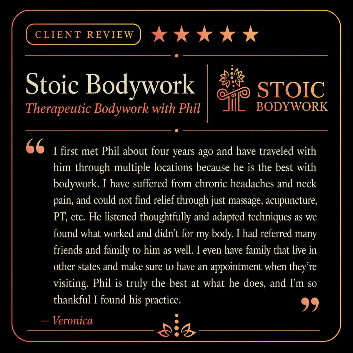 Five-star Stoic Bodywork client review from V