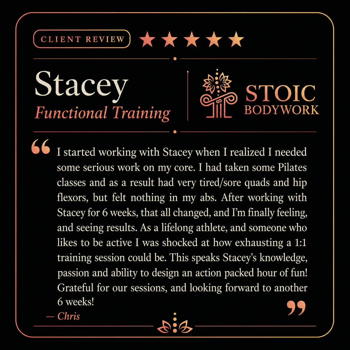 Five-star functional fitness client review from Chris