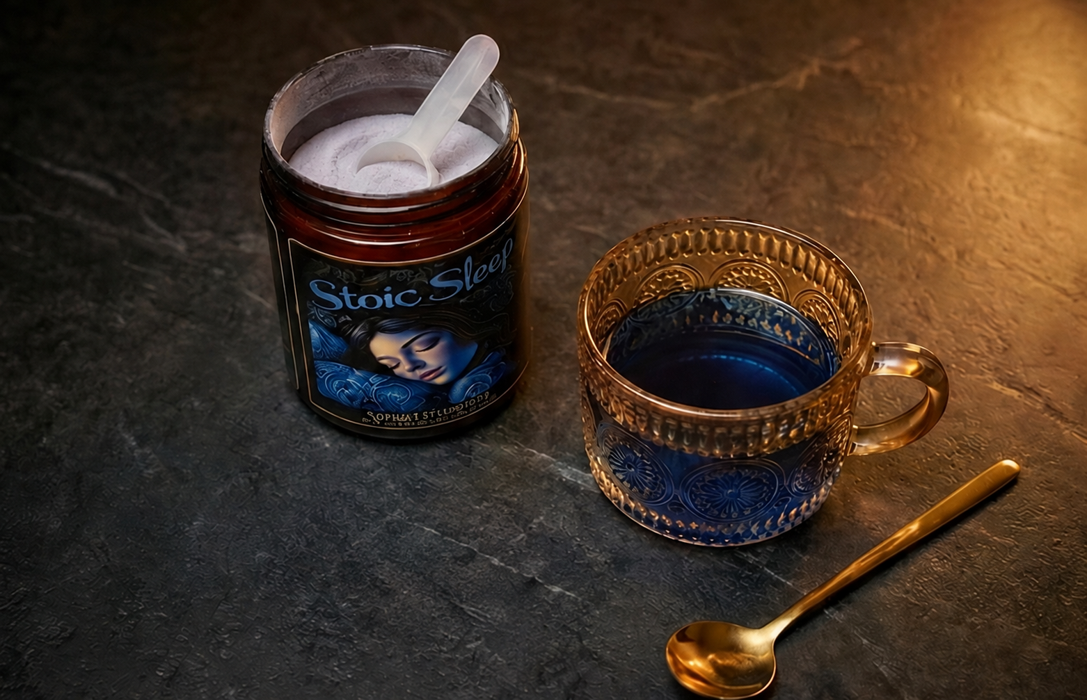 Stoic Sleep powder beside a prepared deep-blue nighttime drink