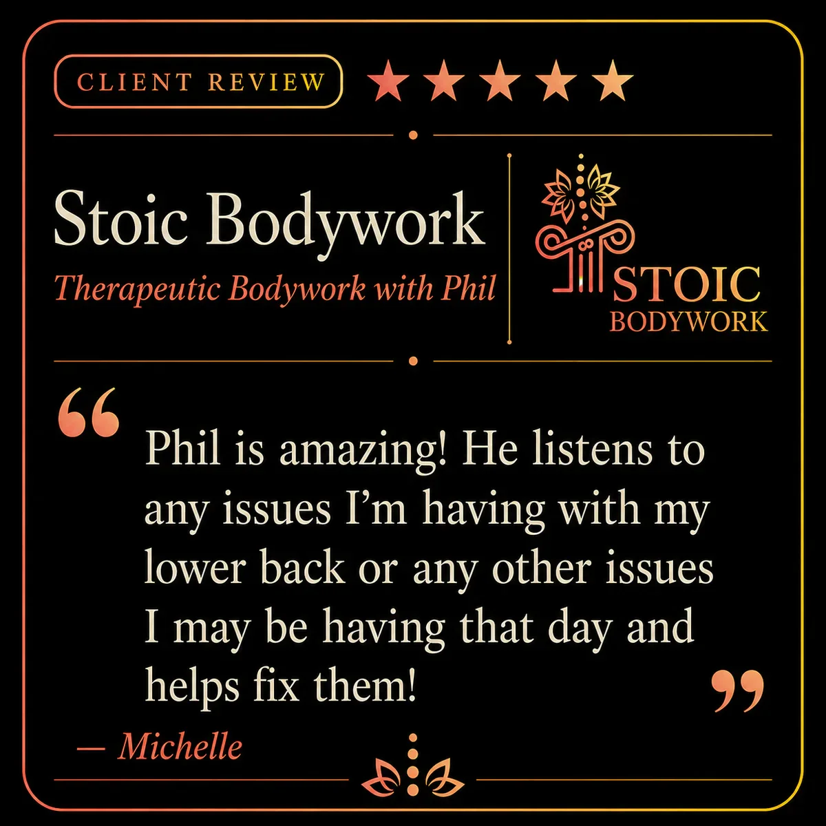 Five-star Stoic Bodywork client review from Michelle