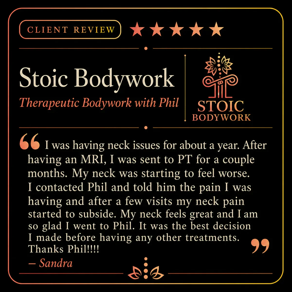 Five-star Stoic Bodywork client review from Sandra