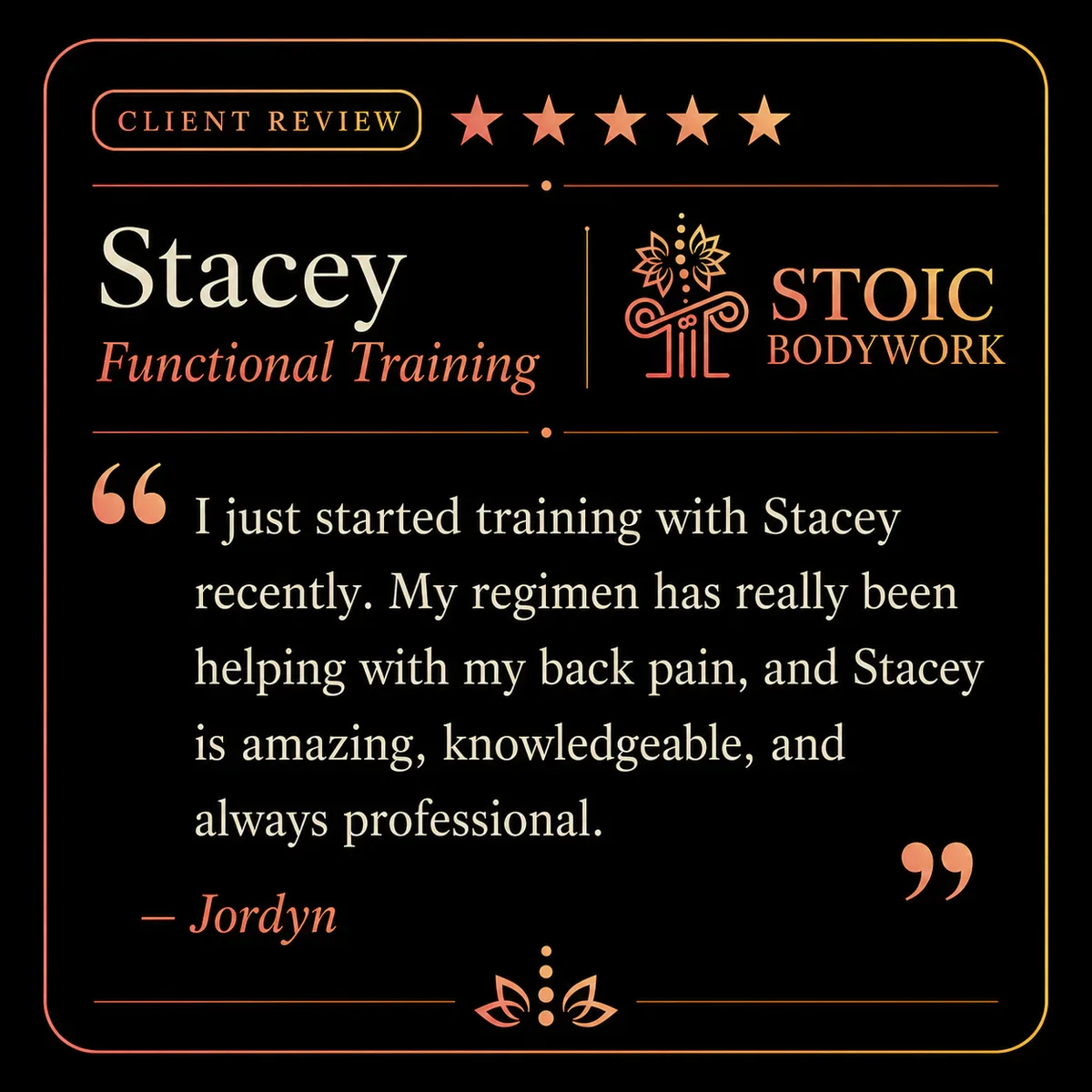 Five-star functional fitness client review from Jordyn