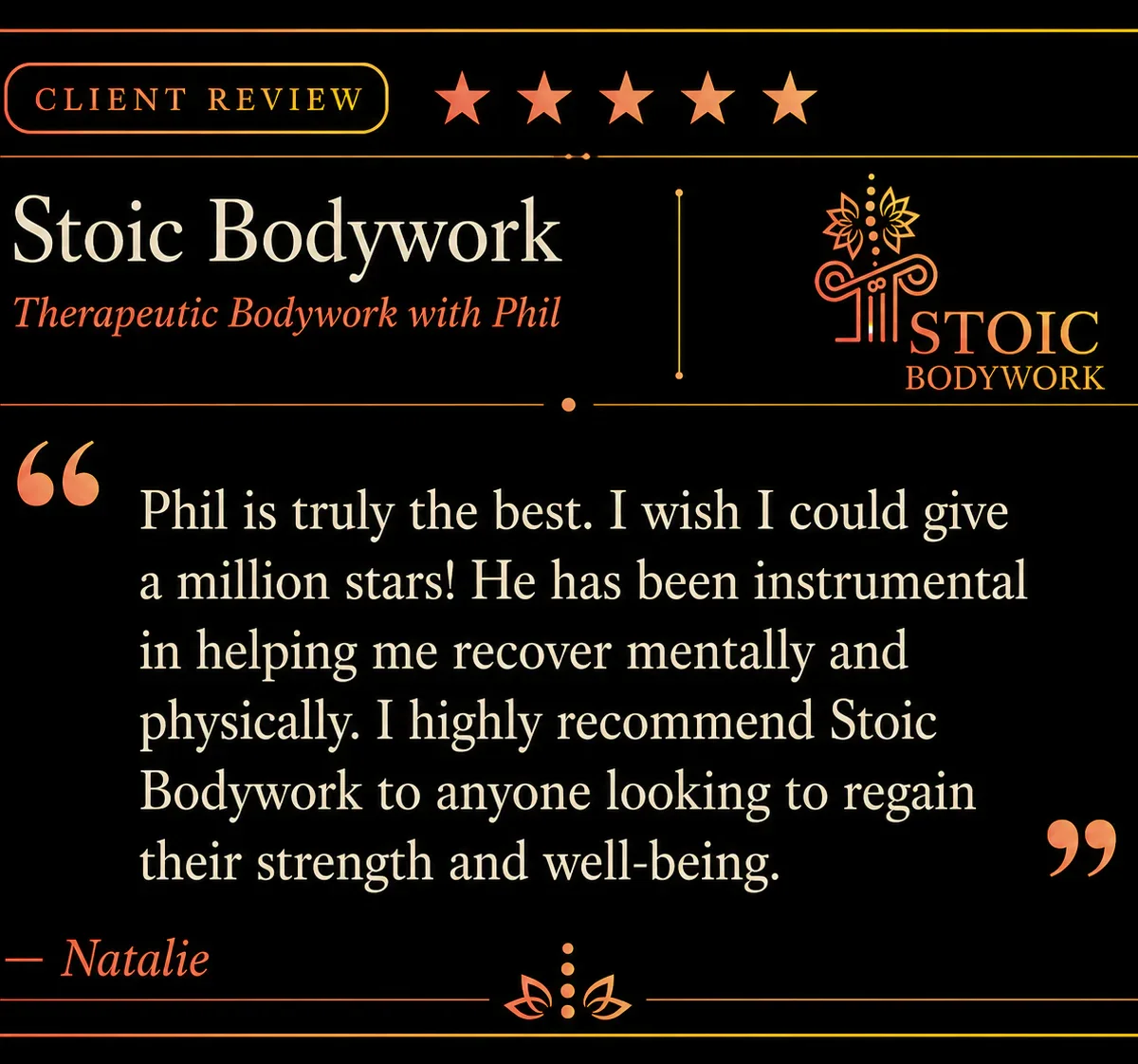 Five-star Stoic Bodywork client review from Natalie