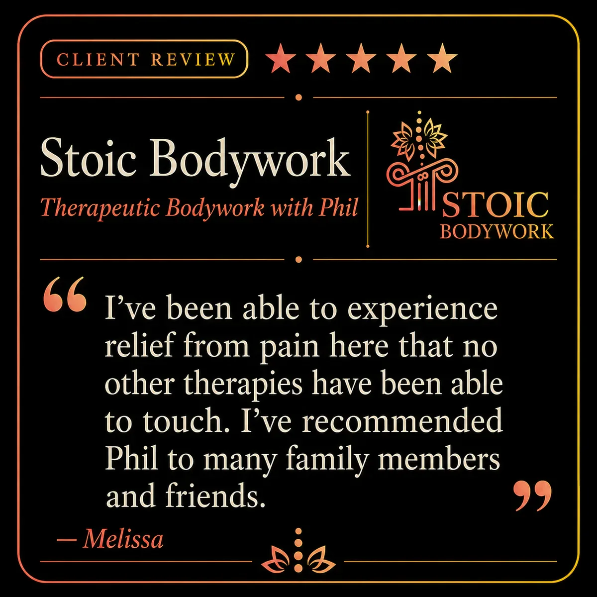 Five-star Stoic Bodywork client review from Melissa