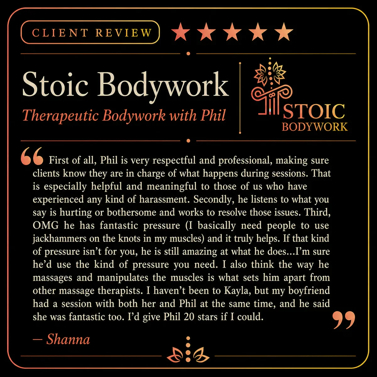 Five-star Stoic Bodywork client review from Shanna