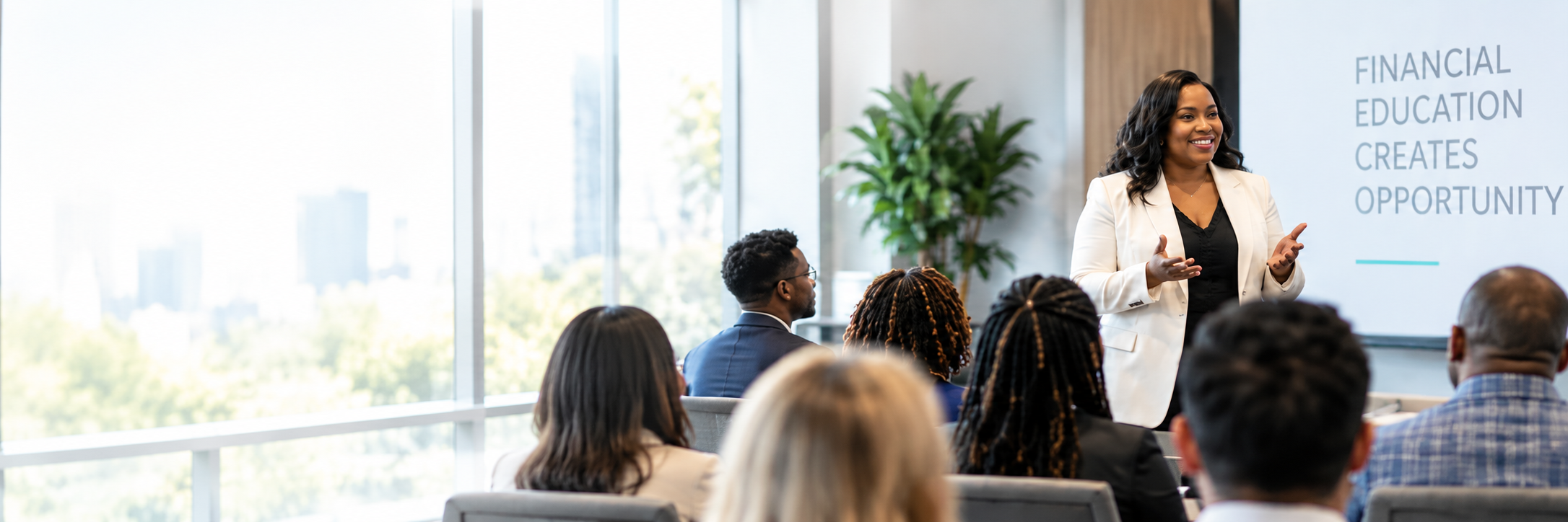 Tiffany Watson presenting financial education to a diverse audience