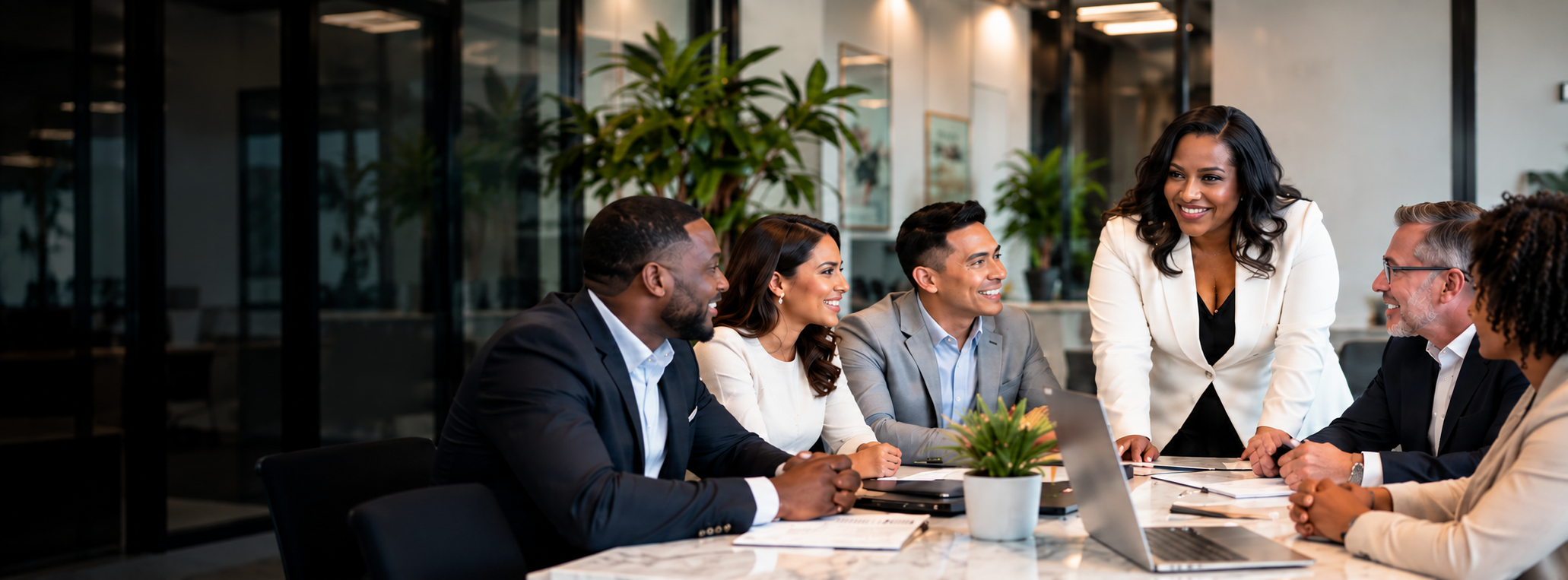 Diverse business professionals collaborating around a conference table