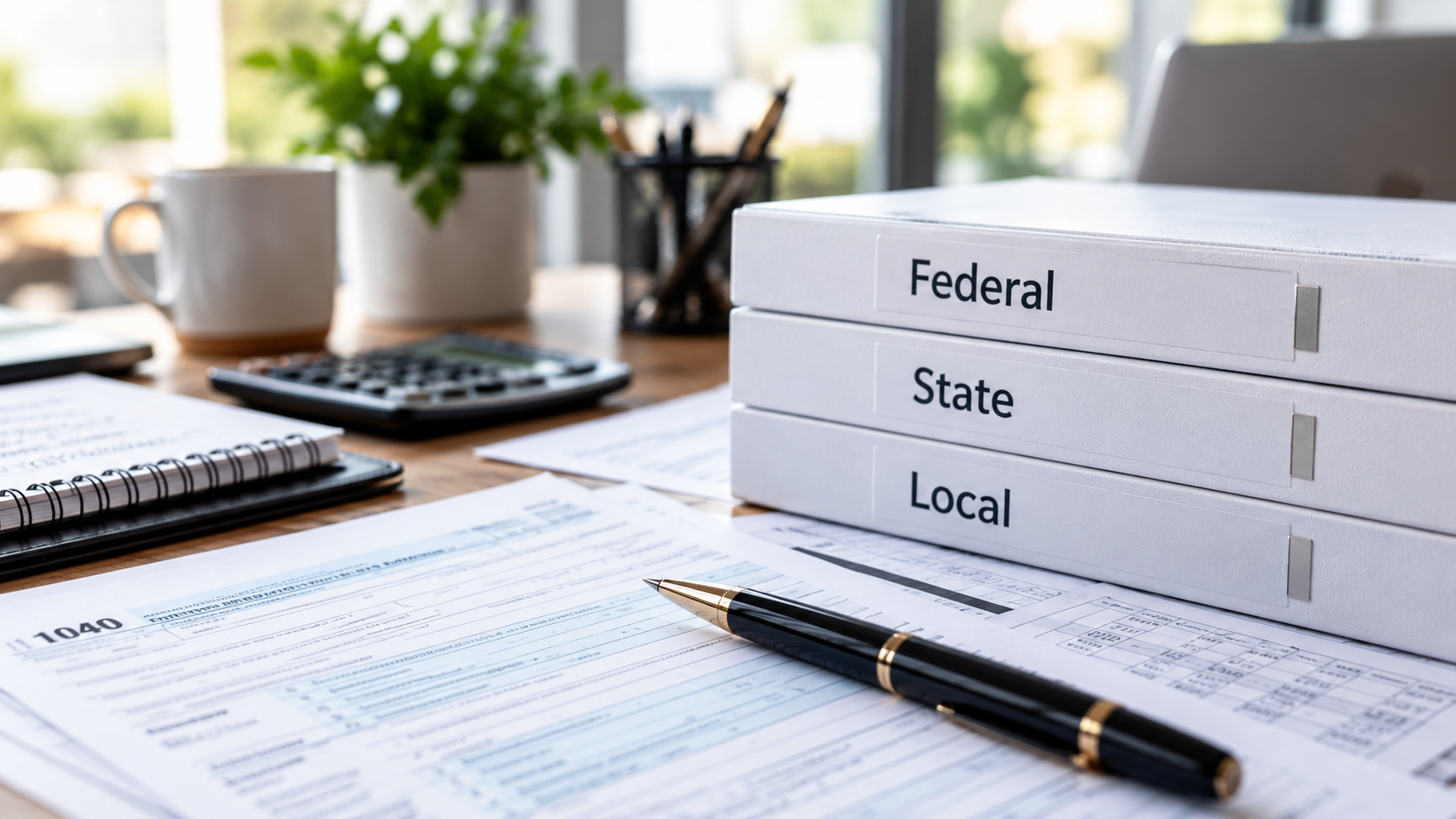 Tax preparation documents and Federal, State, and Local tax binders