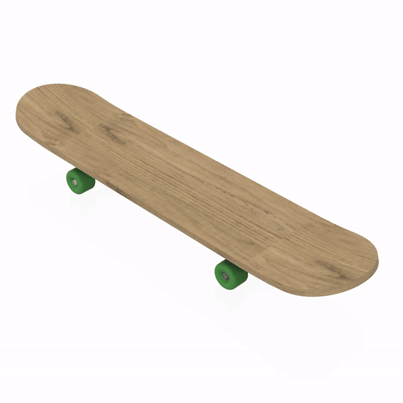 A 3D animation of a skateboard's components