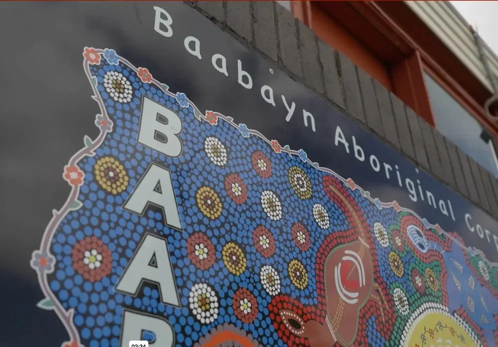 Large dot-painted Aboriginal mural on a building