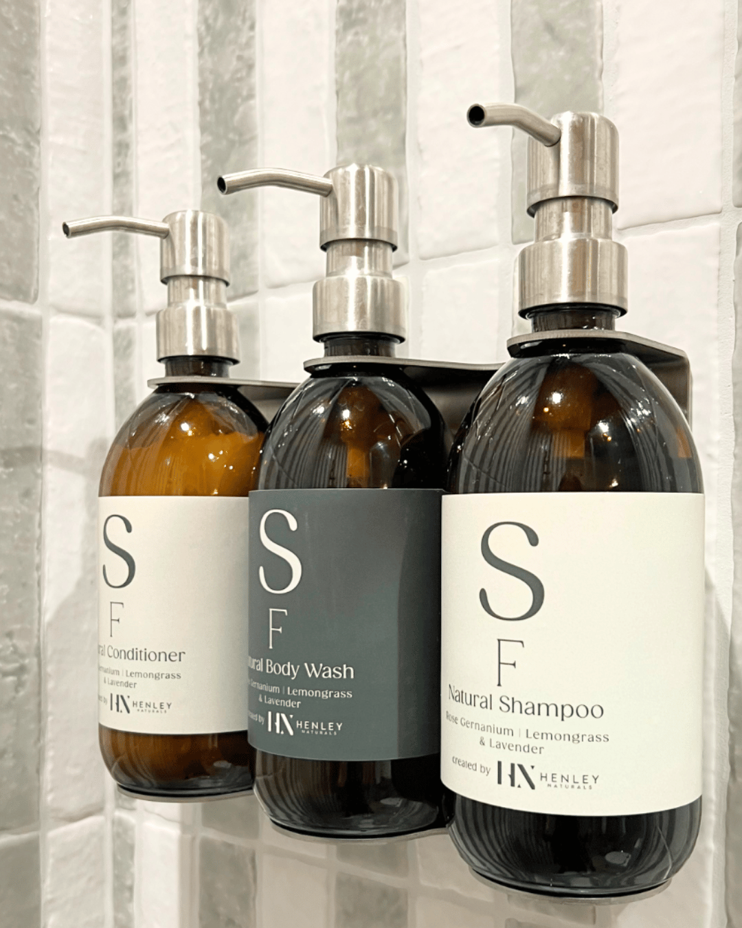 Silchester Farm branded Henley Naturals shampoo, conditioner and body wash