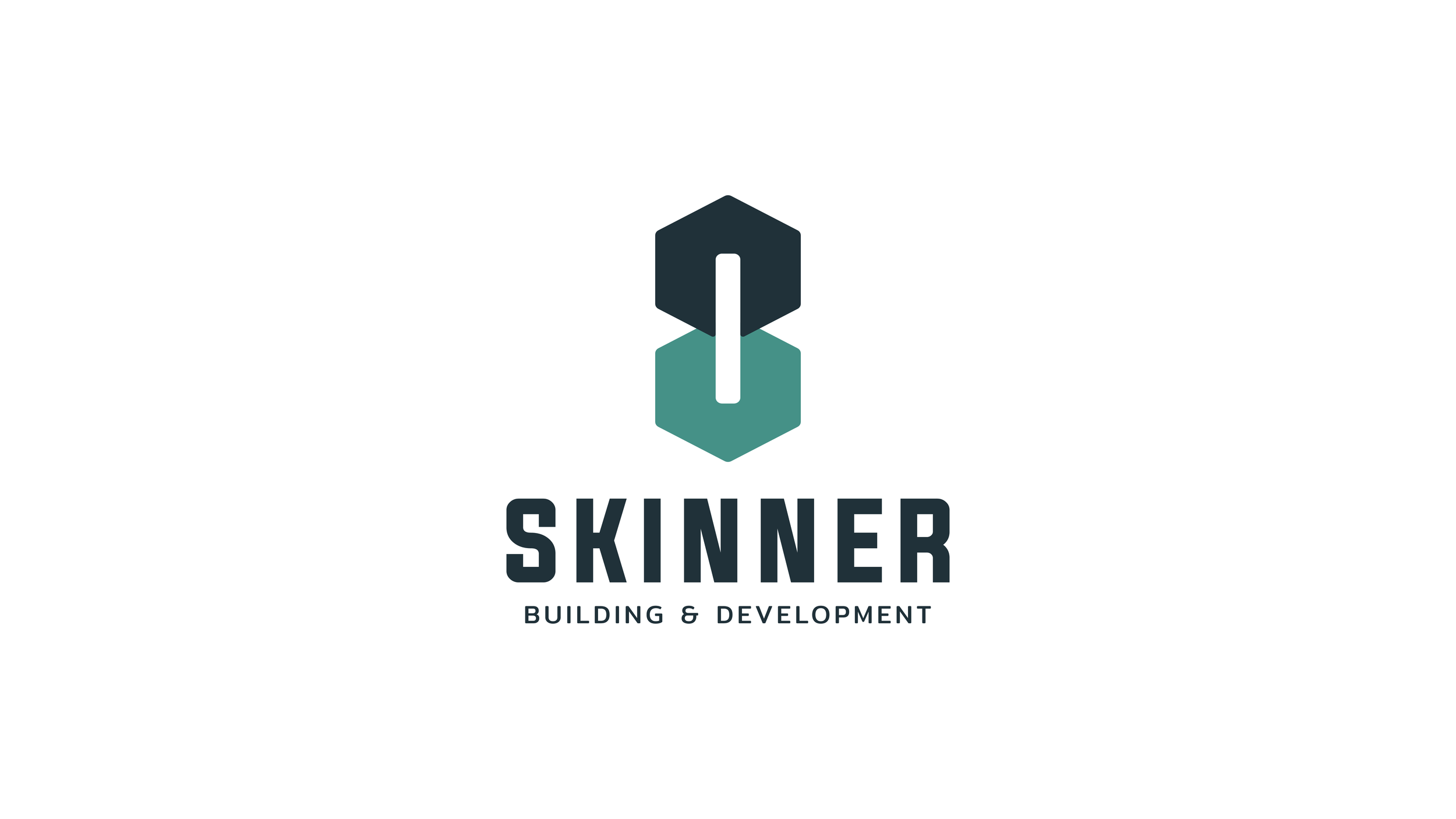 Skinner logo design 03 in teal, two mirrored house shapes forming an S, with wrench head read