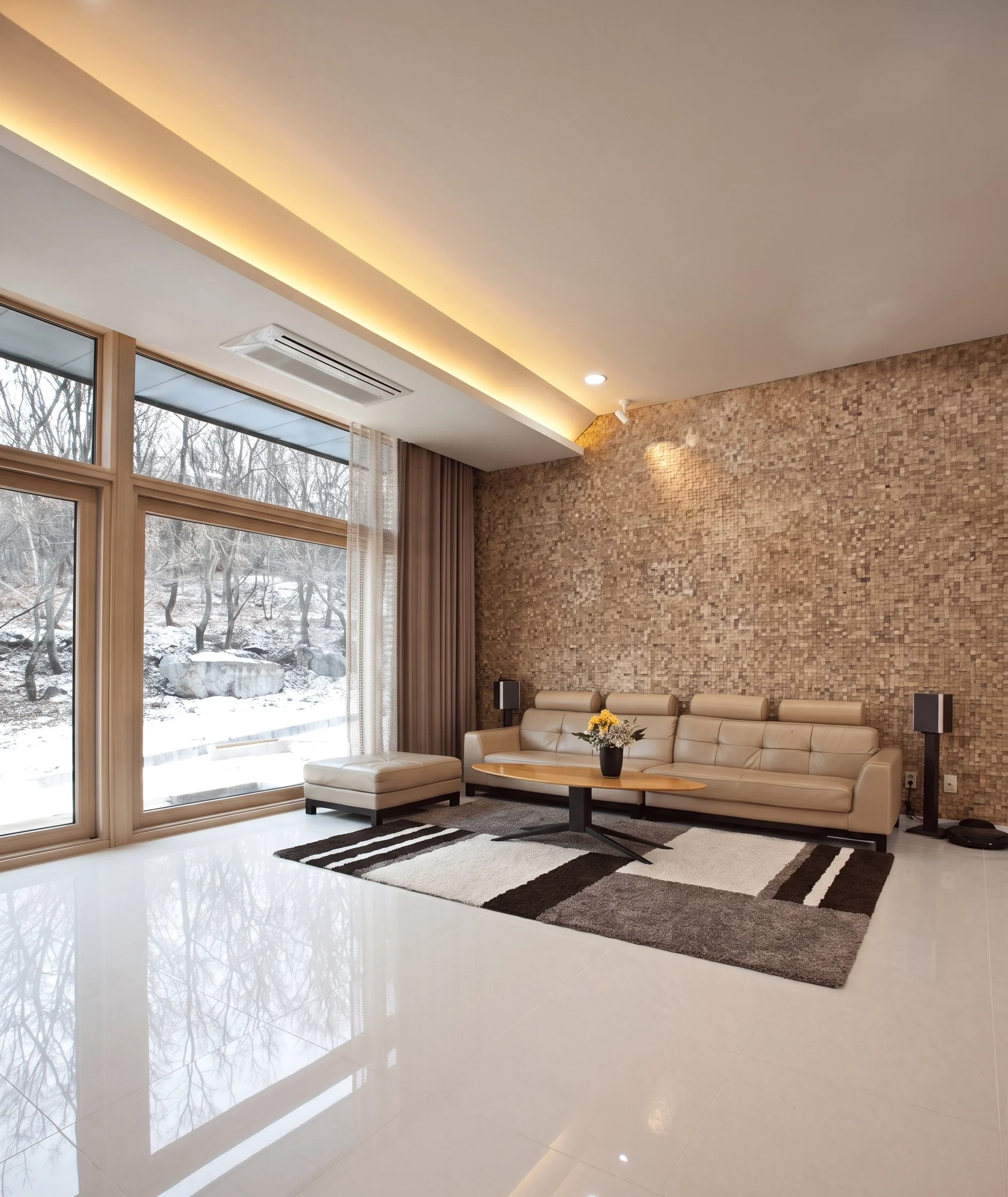 Living room with brick accent wall and snowy view