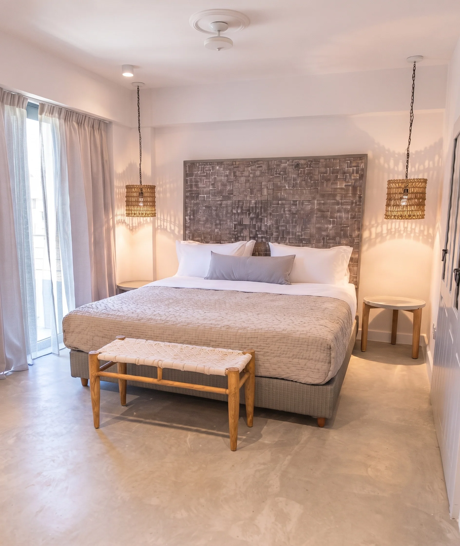 Hotel bedroom, palmwood coastal headboard