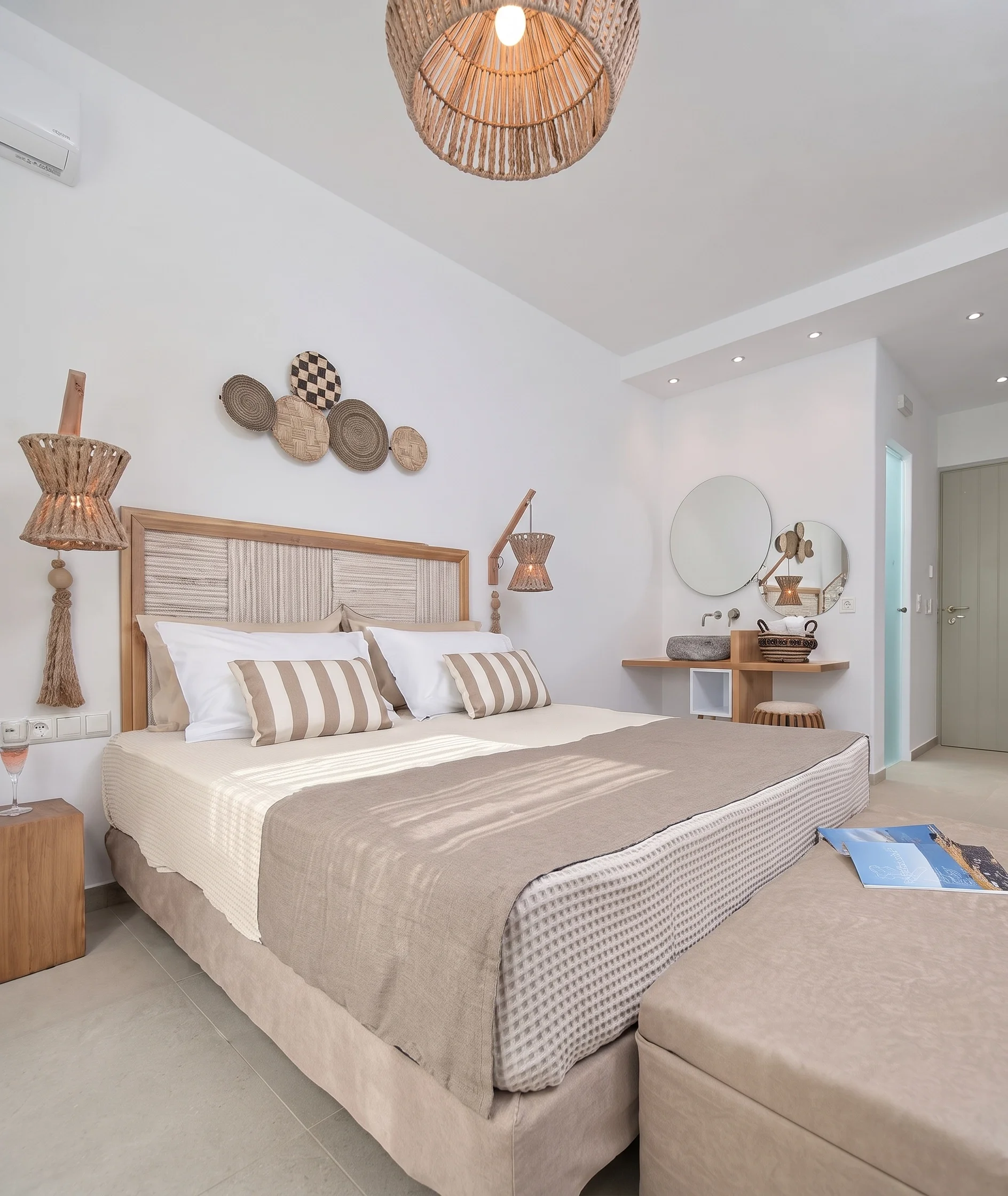 Beach themed hotel room, wicker wall art