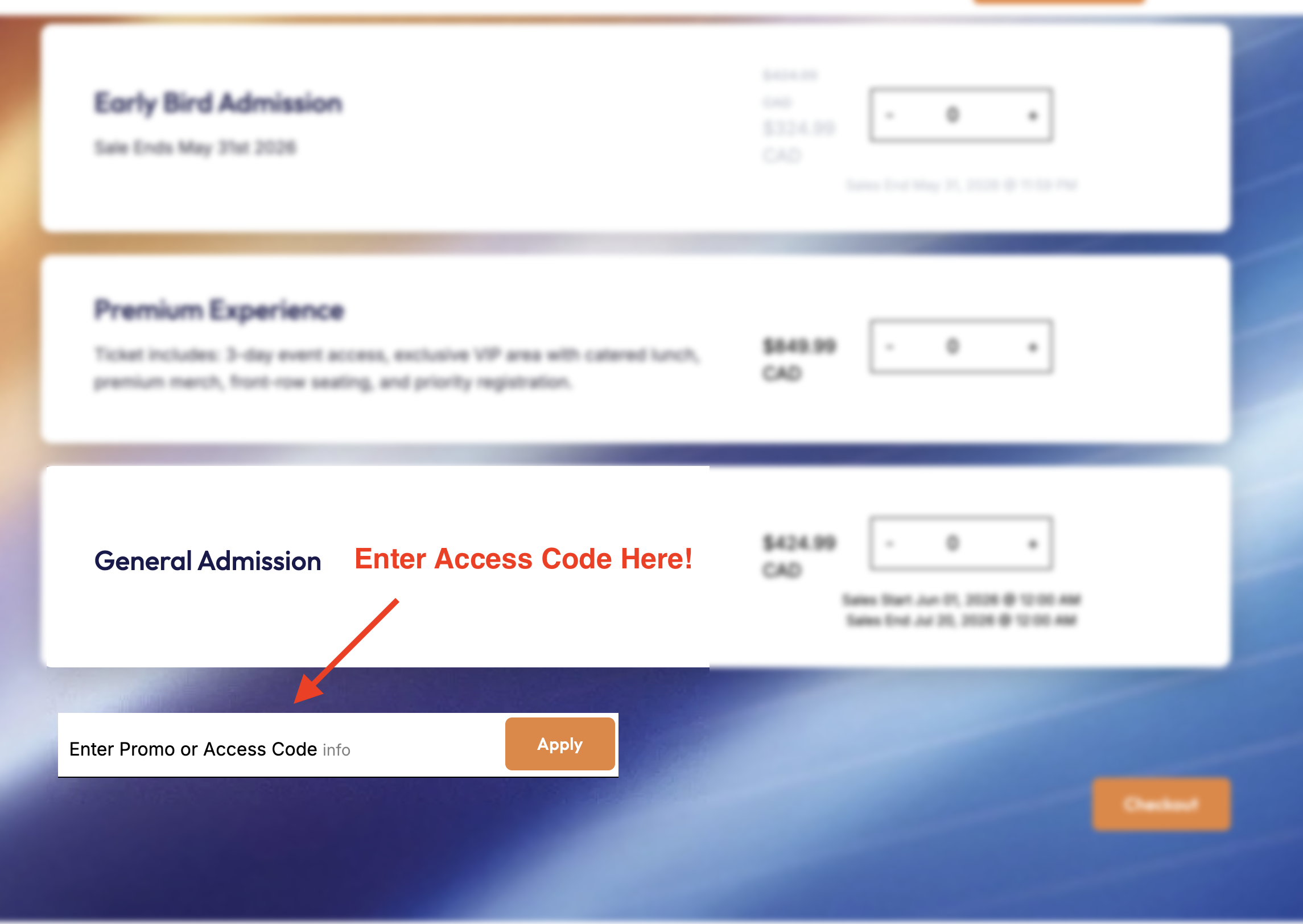 Where to enter your access code at checkout on EventCombo