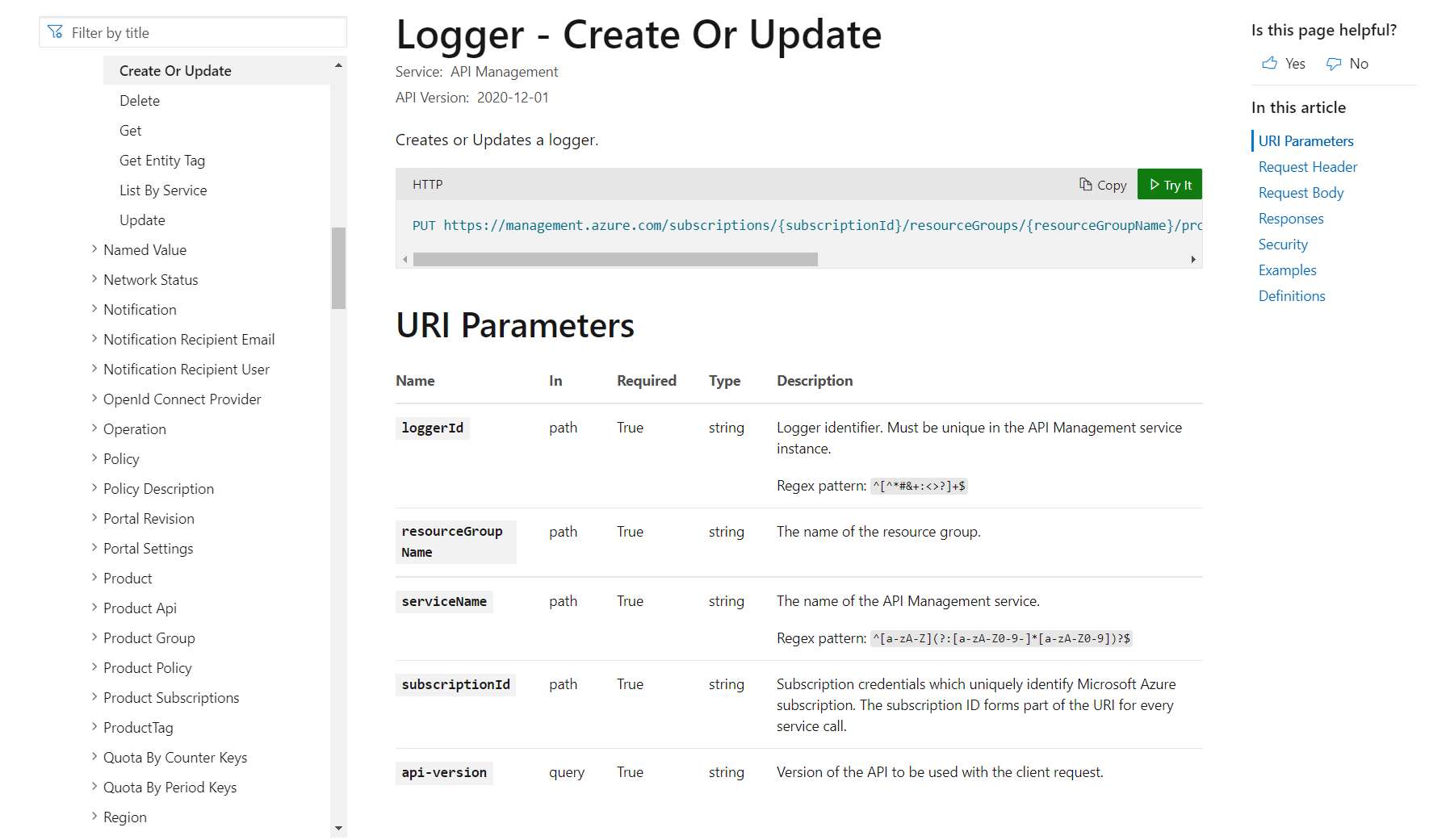 Logger - Create or Update (Microsoft Docs)