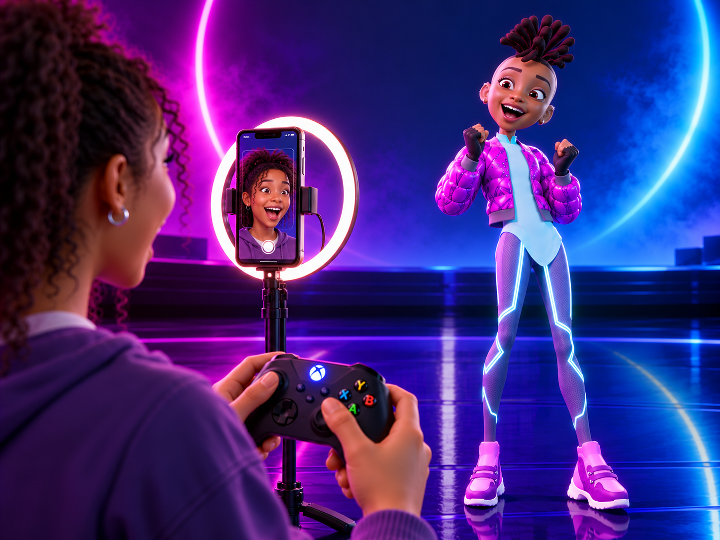 Operator using an iPhone and ring light with a digital character