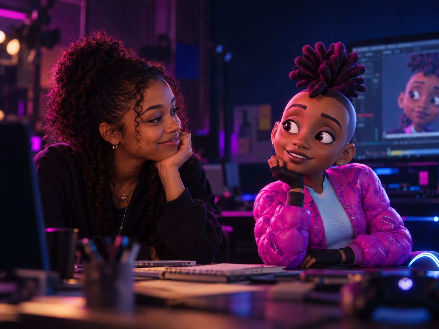 Creator and digital character collaborating in a studio