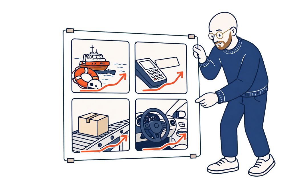 Four sectors as flat icons, a lifeboat, a card payment terminal, a boxed parcel on a conveyor and a car steering wheel, each with a rising coral arrow.