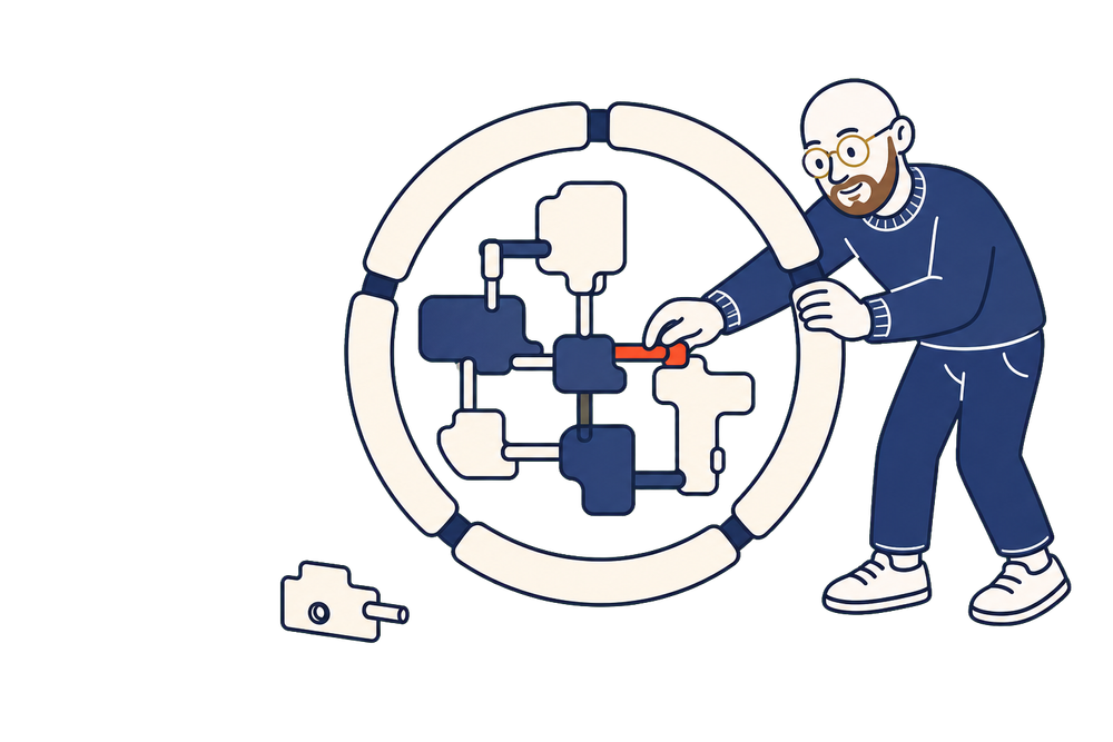 Illustration of a person assembling a network of connected blocks inside a large circular loop