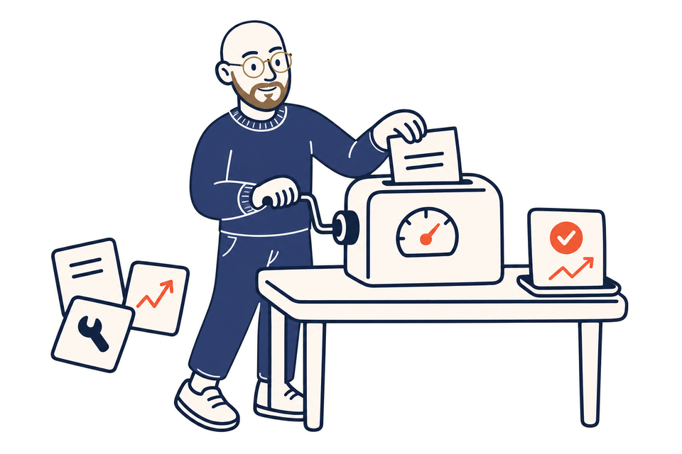 Steve feeding one real task into a testing machine. A gauge measures it, and it comes out as a green-lit checkmark and an upward trend.