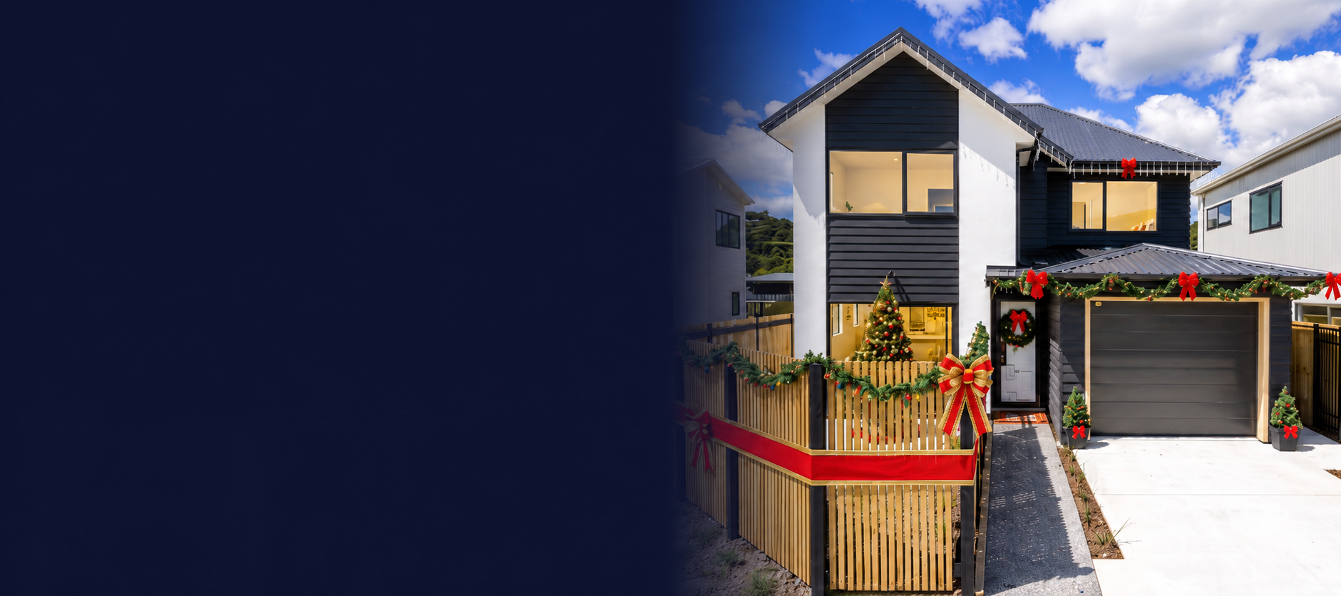 Modern home exterior decorated for the festive season