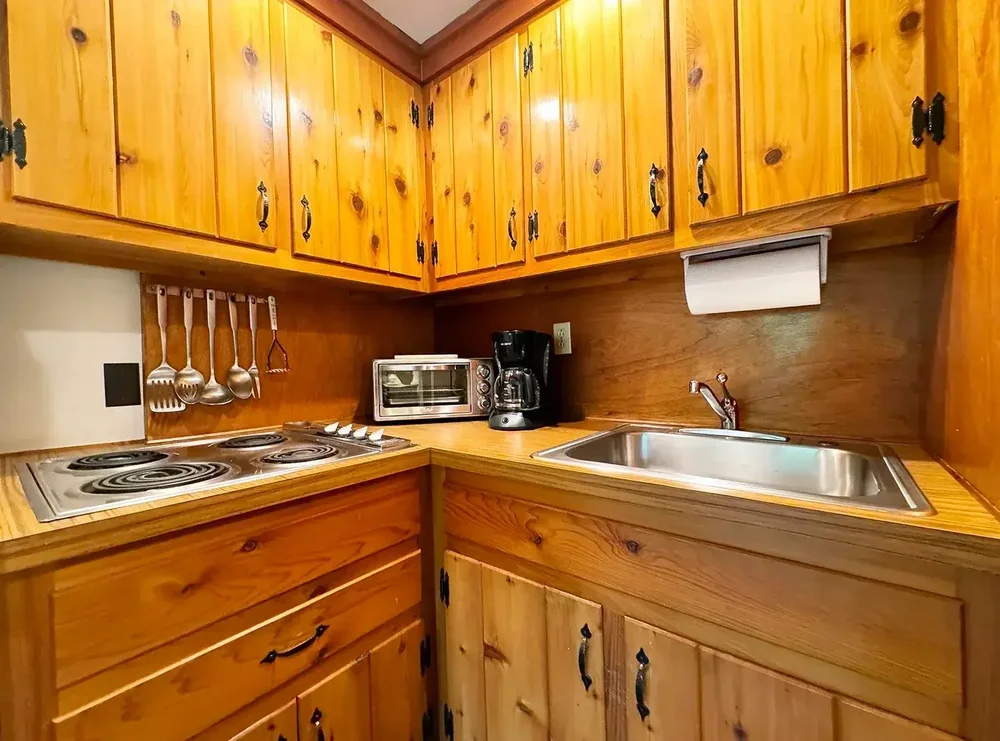 Apartment 21 wood-paneled kitchenette with stovetop, toaster oven, and coffee maker