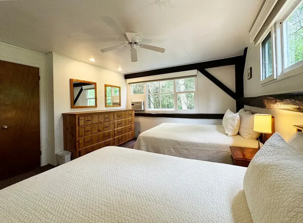 Apartment 23 bedroom with two full beds, dresser, and wooded window views