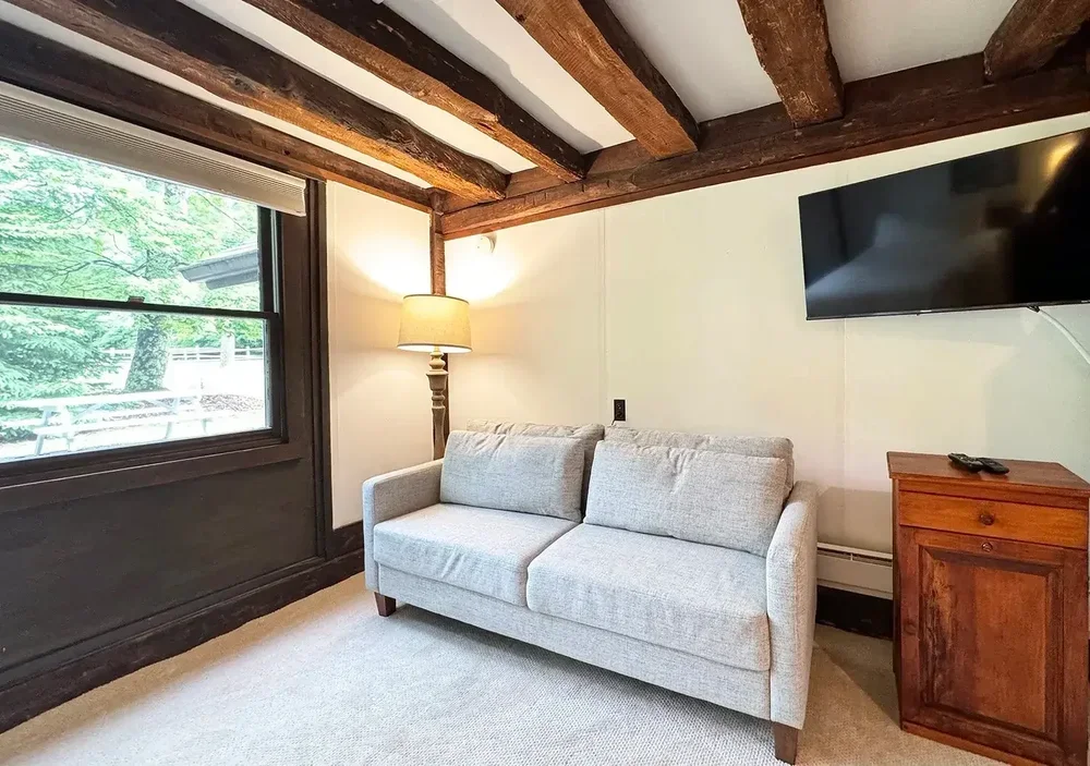 Apartment 21 living area with wood-beam ceiling, gray sofa, and mounted Smart TV